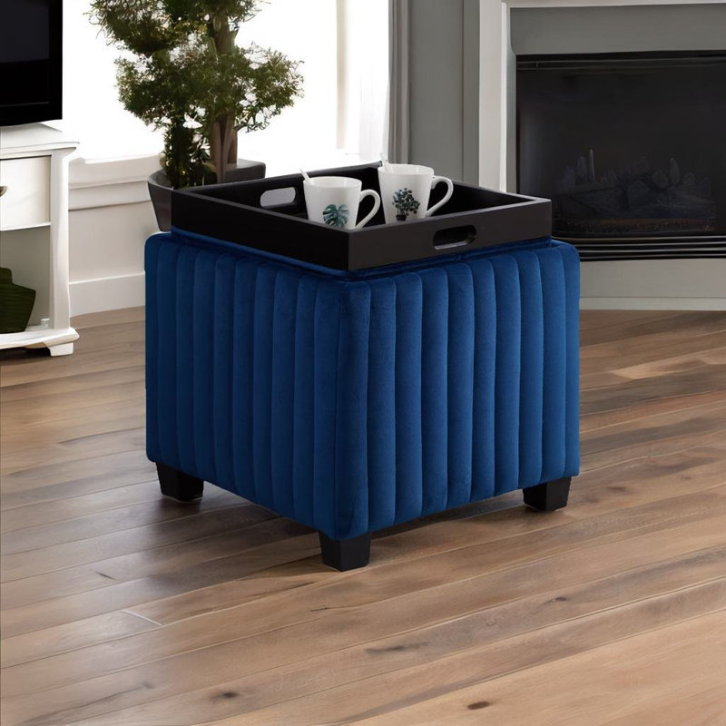 Tiege Upholstered Ottoman, Navy Blue Fabric
