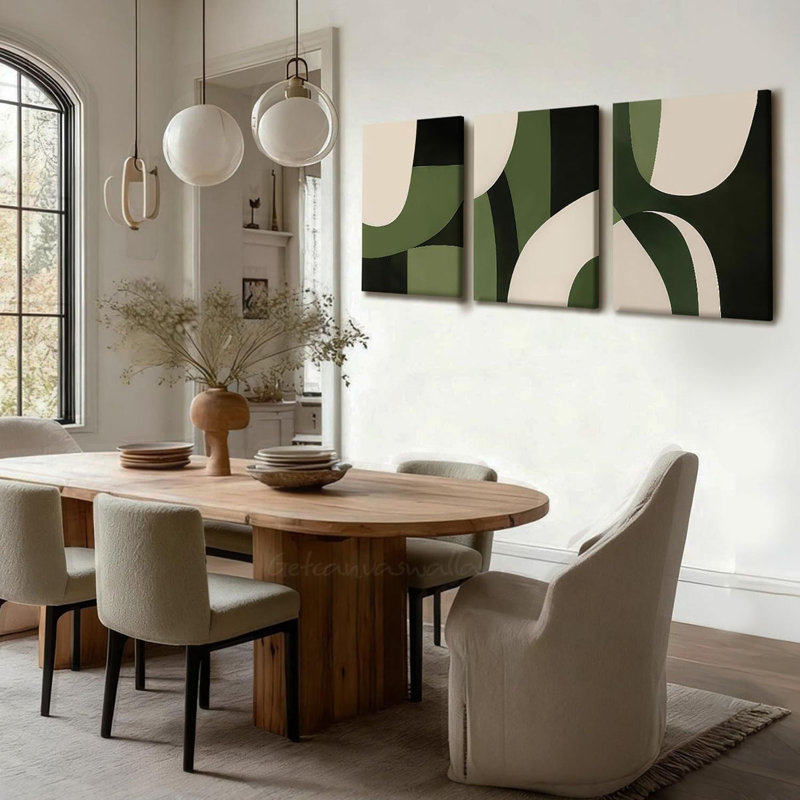3-Pcs Abstract Geometric Canvas Wall Art in Green and Beige Line Artwork Paintings, 40cm H x 30cm W