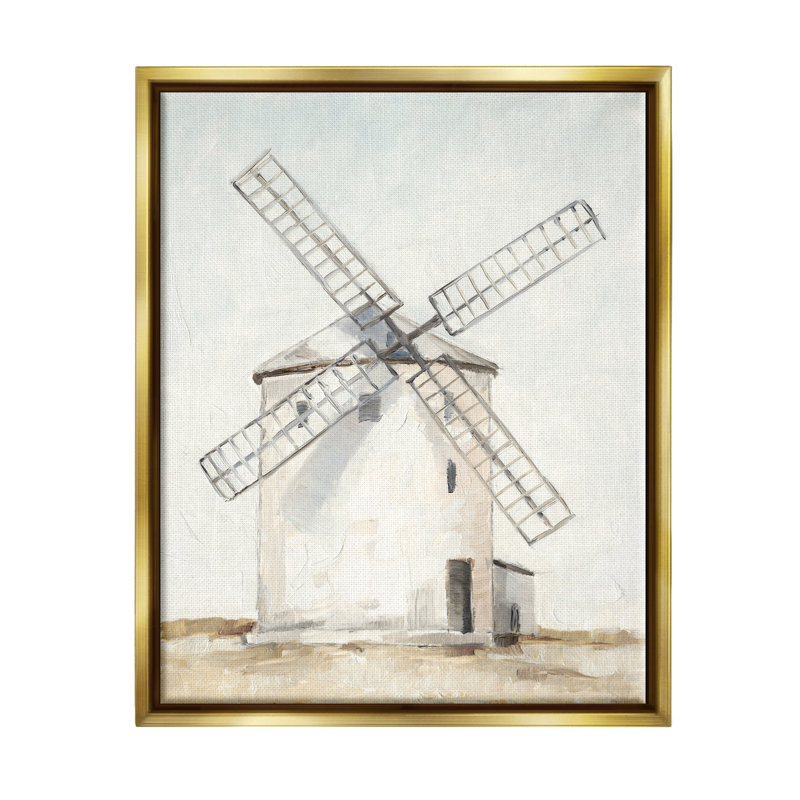 «Windmill Farm Landscape Neutral Blue Brown», peinture sur toile par Ethan Harper, L 25 po x H 31 po, Cadre doré