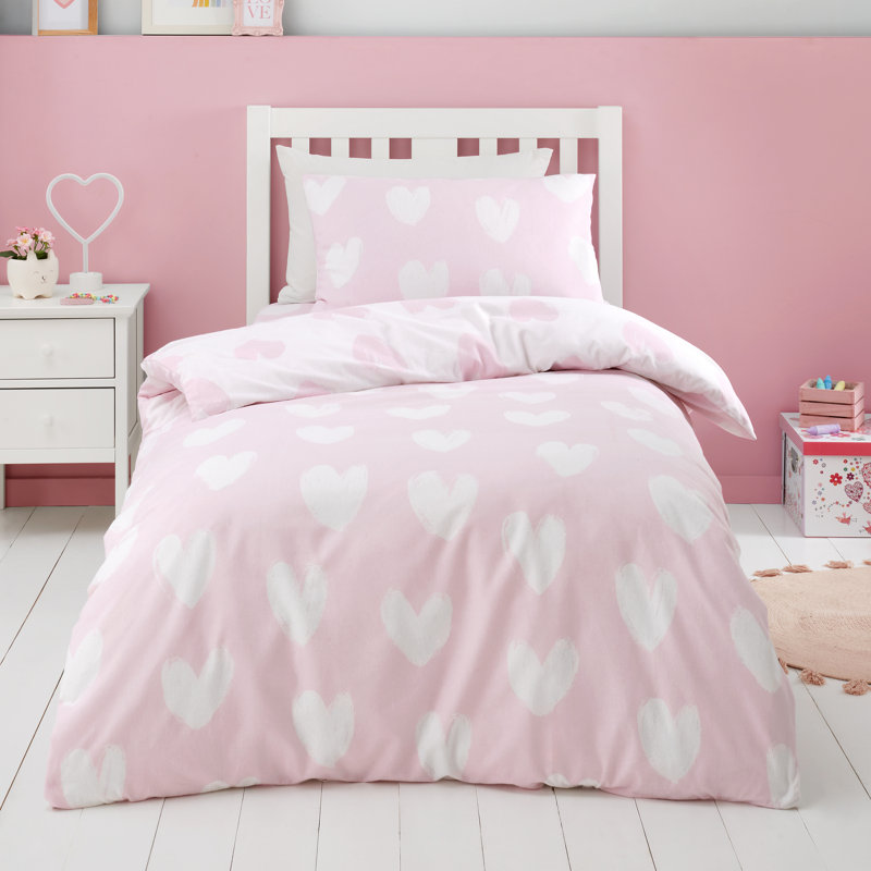 Brushed Cotton Hearts Reversible Duvet Cover Set, Single Duvet Cover + 1 Standard Pillowcase