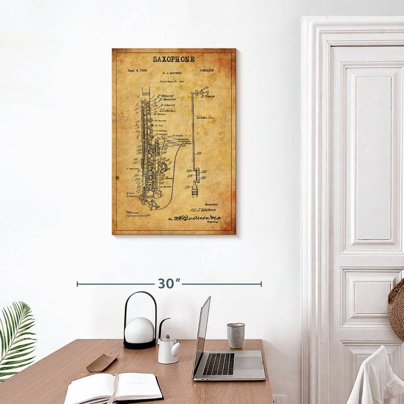 Brevet de saxophone sur toile, H 30 po x l 20 po x P 1,25 po