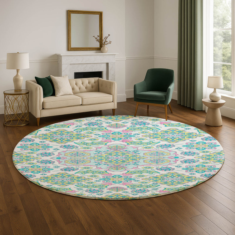 Premium Machine Washable Crestover AMF1853 Global Rug, Round 8'