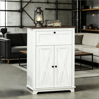 - Buffet de rangement de style vintage, brun foncé, poignées vintage, renforts en X sur les portes, grand tiroir, buffet à deux niveaux, tablette réglable, design basculante, panneaux de particules revêtus, plateau de 29,8 cm de profondeur, protection.