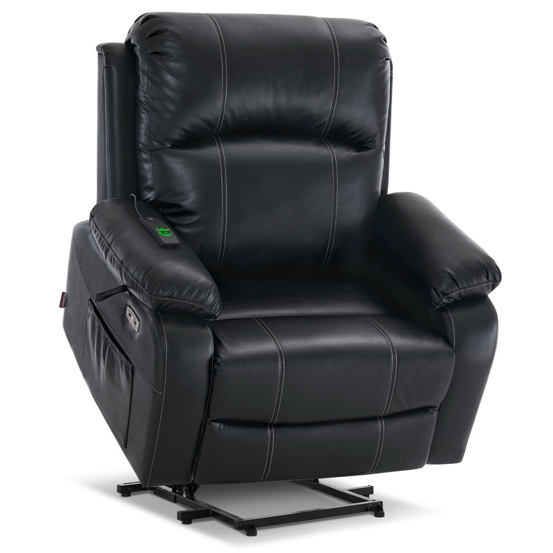 Pantazi Wide Seat Power Recliner Lift Assist Chair, Faux Leather, Black Faux Leather