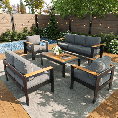 Outdoor Aluminum Furniture Set with Coffee Table, Modern Patio Conversation Sets for Porch, Backyard by Latitude Run