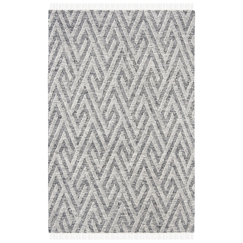 Handmade Black and Cream Wool Cotton Flat Woven Area Rug, 4' x 6'