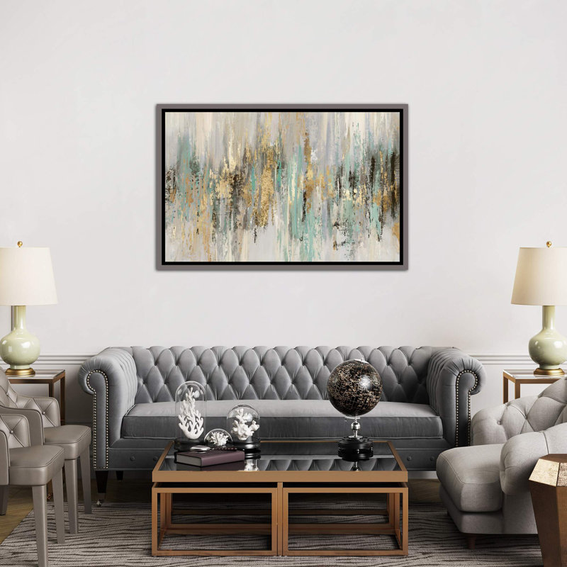 " Dripping Gold I " by Tom Reeves, Picture Framed Canvas, 32" H x 48" W, Dark Rustic Wood