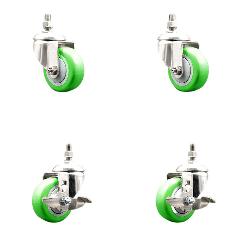 Ensemble de roulettes à tige filetée de 3 pouces en polyuréthane pivotant vert ½ pouce et 2 freins