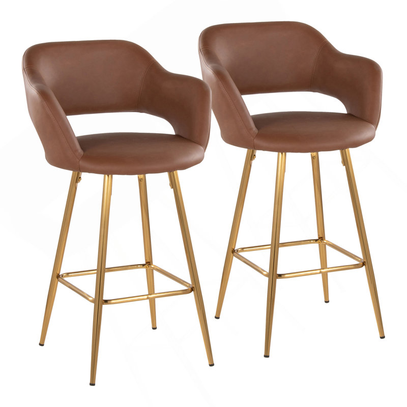 Margarite 26" Contemporary Fixed-Height Counter Stool In Gold Metal And Brown Faux Leather With Square Gold Metal Footrest By Lumisource - Set Of 2