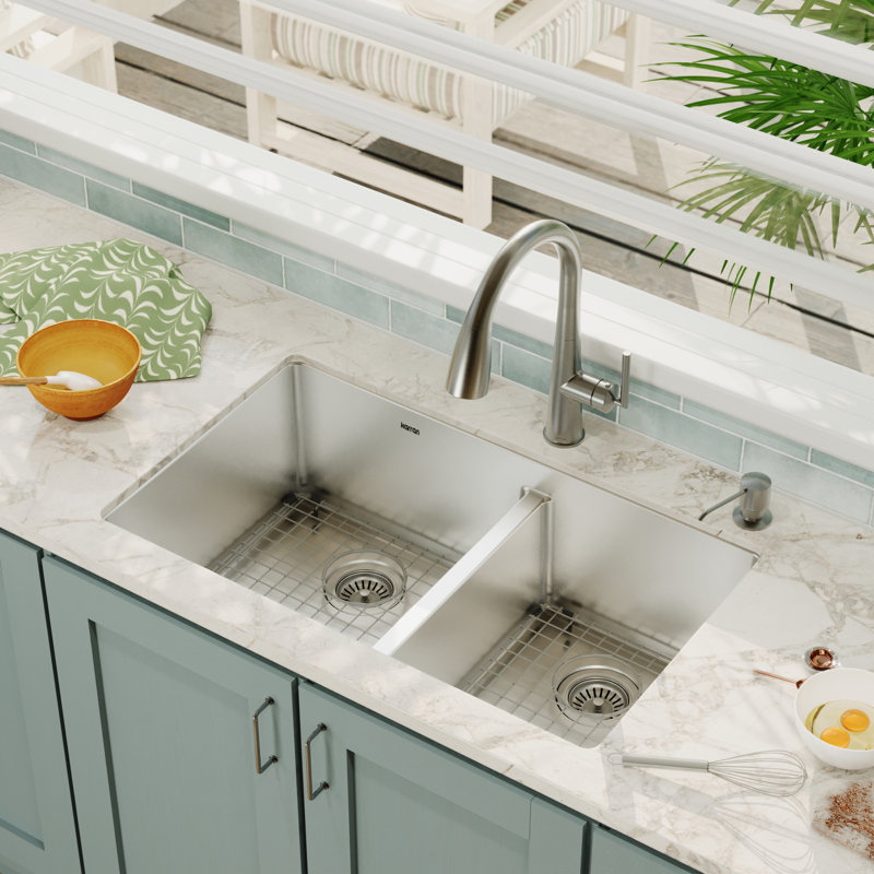 Karran 16-Gauge Stainless Steel 32'' X 19'' 60/40 Double Bowl Undermount Kitchen Sink Kit