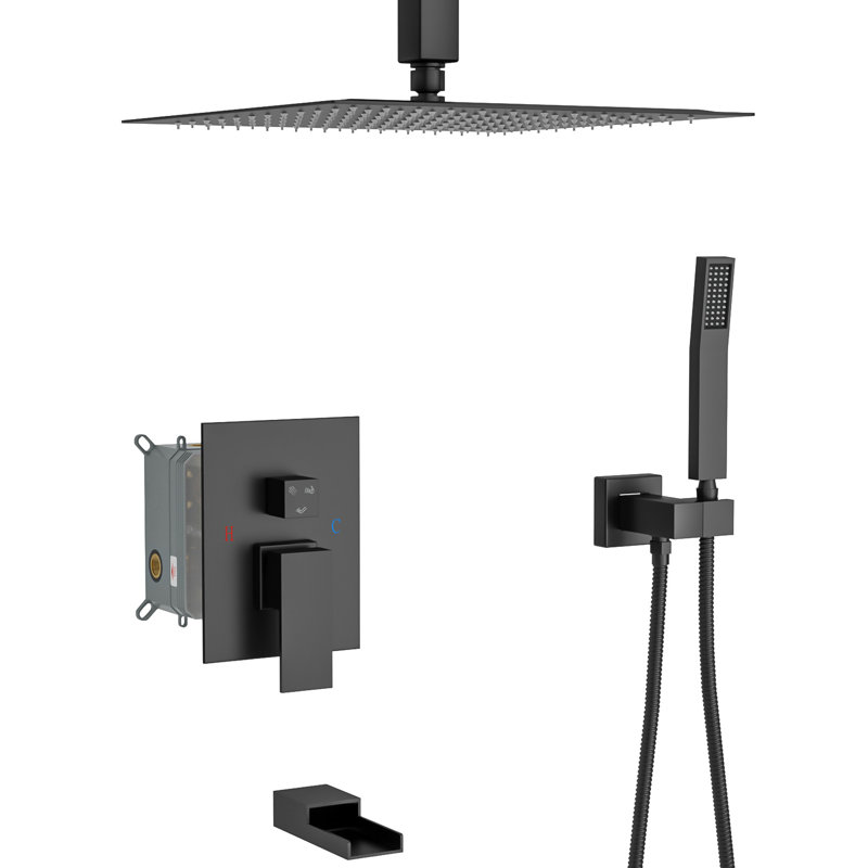 Ensemble de douche noir mat avec douchette de baignoire cascade - pomme de douche carrée de 12 po, douche à main, valve, installation facile et mesures d'hygiène