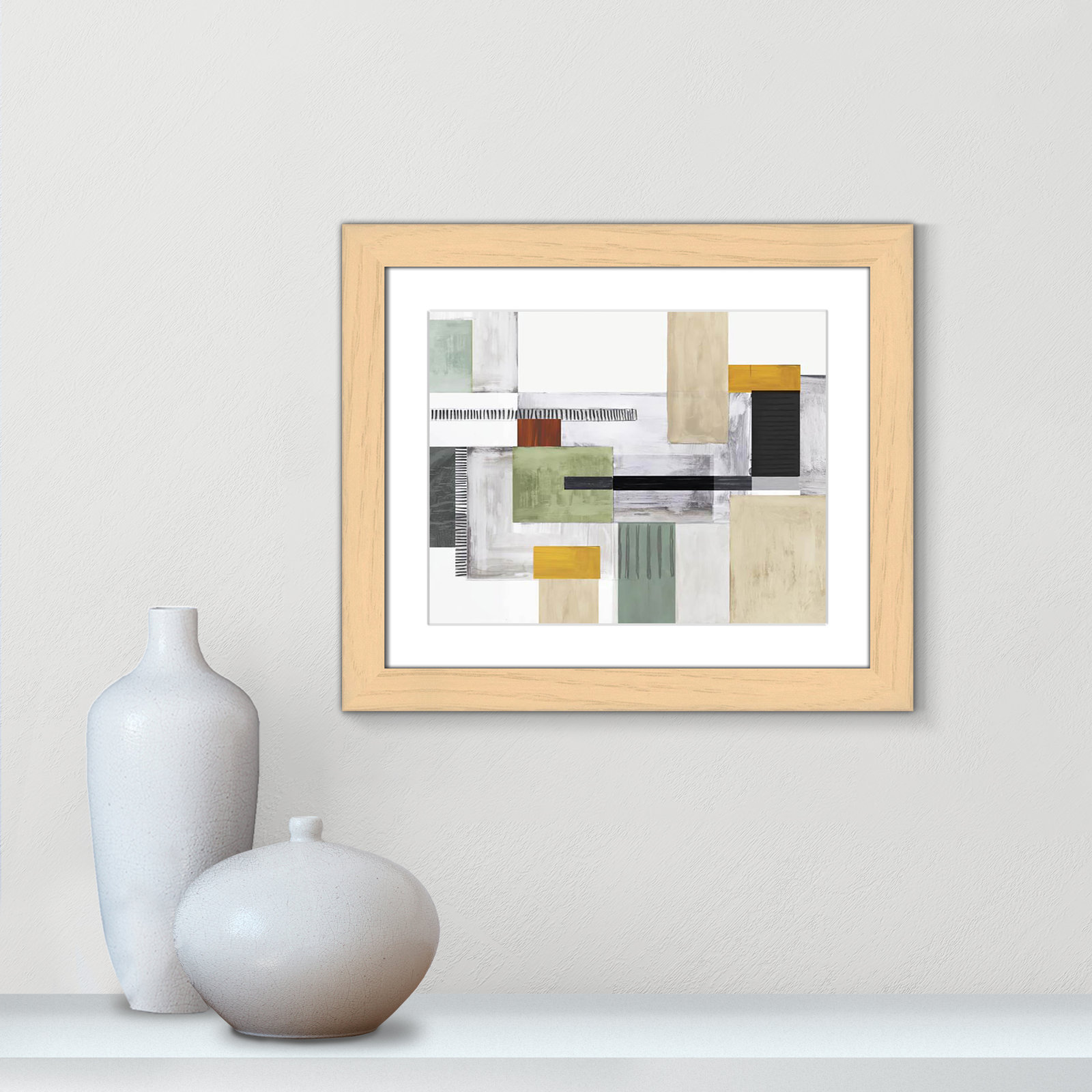 Playful Blocks Print by Tom Reeves, 17.5" H x 20.5" W x 1.25" D, Natural Cube Picture Framed, White