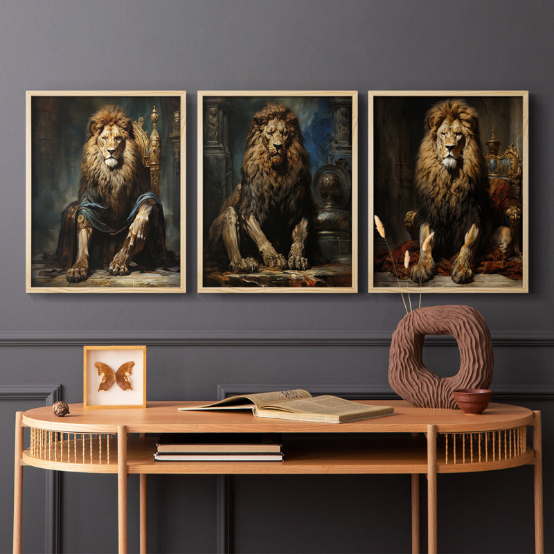 Série royale d'animaux LX - ensemble de 3 estampes numériques encadrées - prêt à être accroché, Encadré naturel