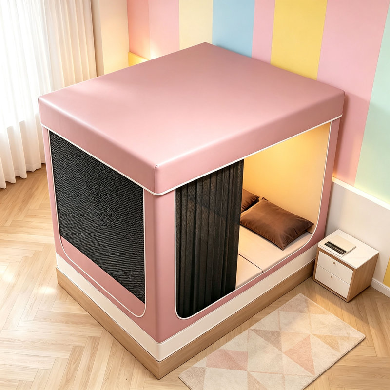 Ciel de lit rose occultant, grande structure en acier inoxydable, occultation à 90 %, rideau de lit 3 portes avec moustiquaire pour chambre et dortoir.