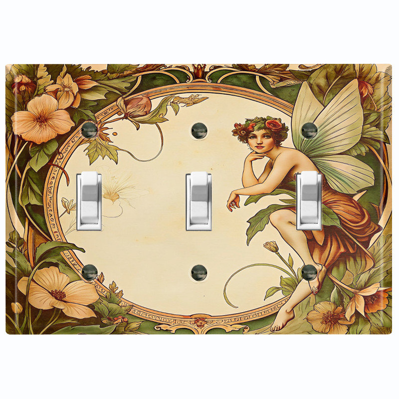 Couvercle de plaque d'interrupteur en métal; Bascule à 3 bandes US standard - cadre floral de conte de fées, Triple # 3
