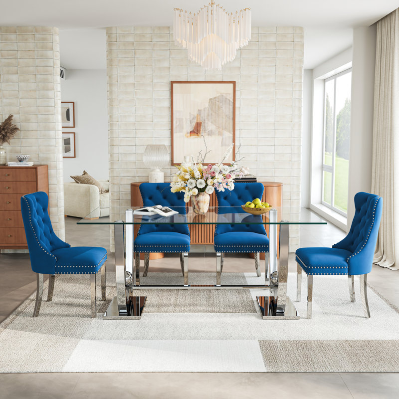 68.9" Rectangular Glass Dining Table Set, Tempered Glass Top, Polished Stainless Steel W-Shaped Base, Velvet Tufted Chairs With Nailhead Trim, Stainless Steel Legs