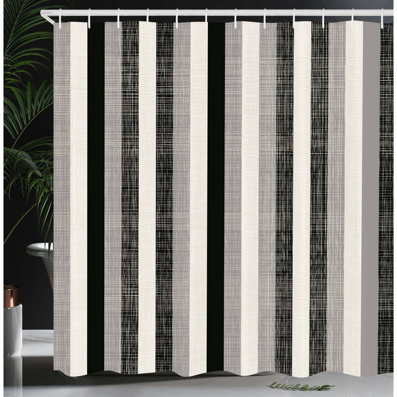 Black and Gray Striped Fabric Shower Curtain with Hooks