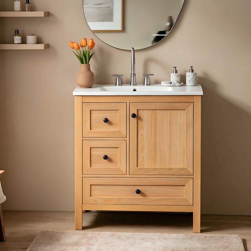 Meuble-lavabo simple 30 po à grain de bois avec lavabo en céramique, tablette réglable et tiroirs et porte à fermeture en douceur