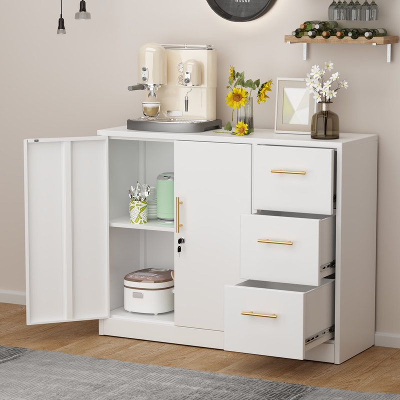 White Metal Sideboard Buffet Cabinet with Gold Handles