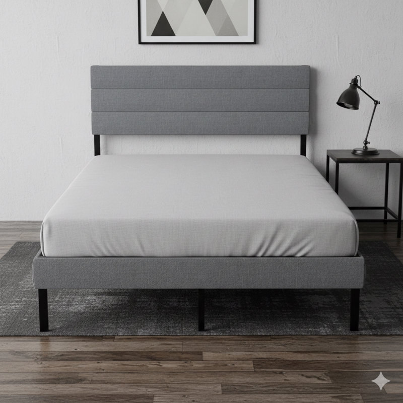 Structure de lit tapissier grand format - Comprend une tête de lit, un sommier tapissier est optionnel et offre 14 pouces d'espace de rangement sous le lit.