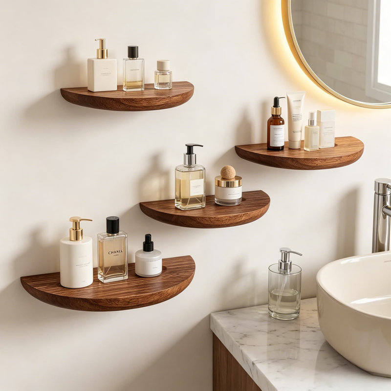 Solid Wood Floating Wall Shelves Set  - Half Round Design For Stylish Home Decor - Perfect For Displaying Photos, Plants, And Collectibles In Living Room, Bathroom, Bedroom, Or Office