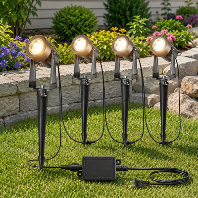 4-Pack Low-Voltage Outdoor LED Landscape Spotlights with Transformer, Extendable Wiring and IP65 Waterproof Ground-Light Design for Garden, Trees and Pathways