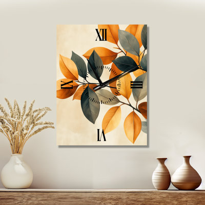 Horloge murale grand format Japandi en métal, motif de feuilles botaniques aux tons naturels I