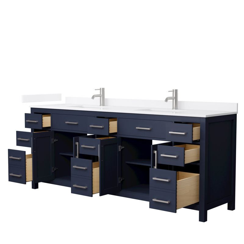 Beckett 84" Freestanding Double Bathroom Vanity with Quartz Top, Dark Blue, Brushed Nickel, White Quartz