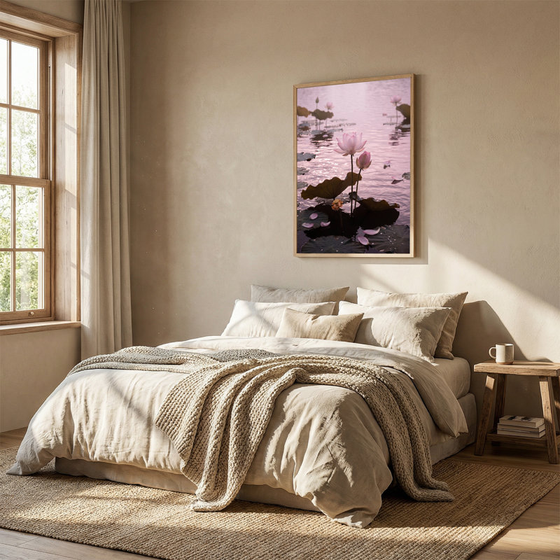 Art sur toile, fleurs de lotus rose et nénuphars, H 24 po x l 18 po