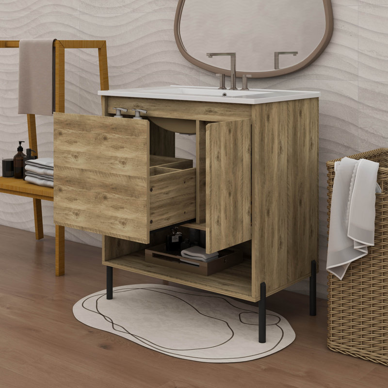 Meuble-lavabo moderne en bois de 30 po, armoire de salle de bain avec tiroir coulissant, meuble de rangement avec lavabo en céramique, meuble-lavabo de salle de bain