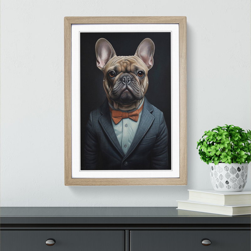 French Bulldog in a Suit Painting No.3 - Framed Print, 64cm H x 46cm W x 2cm D, Oak