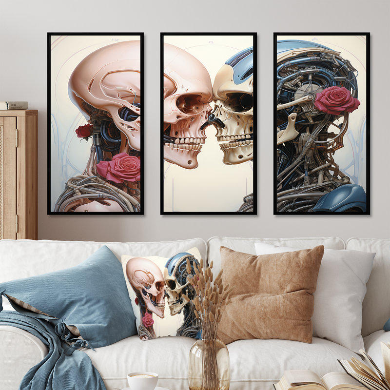 «Cybernetic Robot Skull Love With», art mural Science Fiction, Cadre flottant noir, H 32 po x l 48 po x P 1 po
