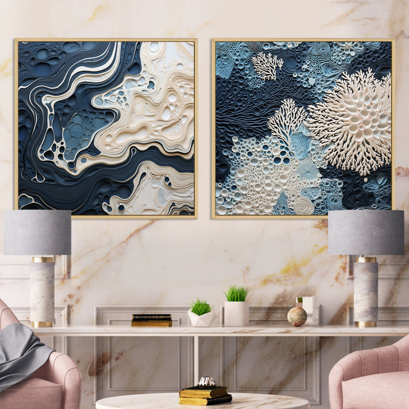 Collage abstrait crème et bleu - ensemble de 2 collages carrés abstraits, H 16 po x l 33 po, Cadre flottant brun