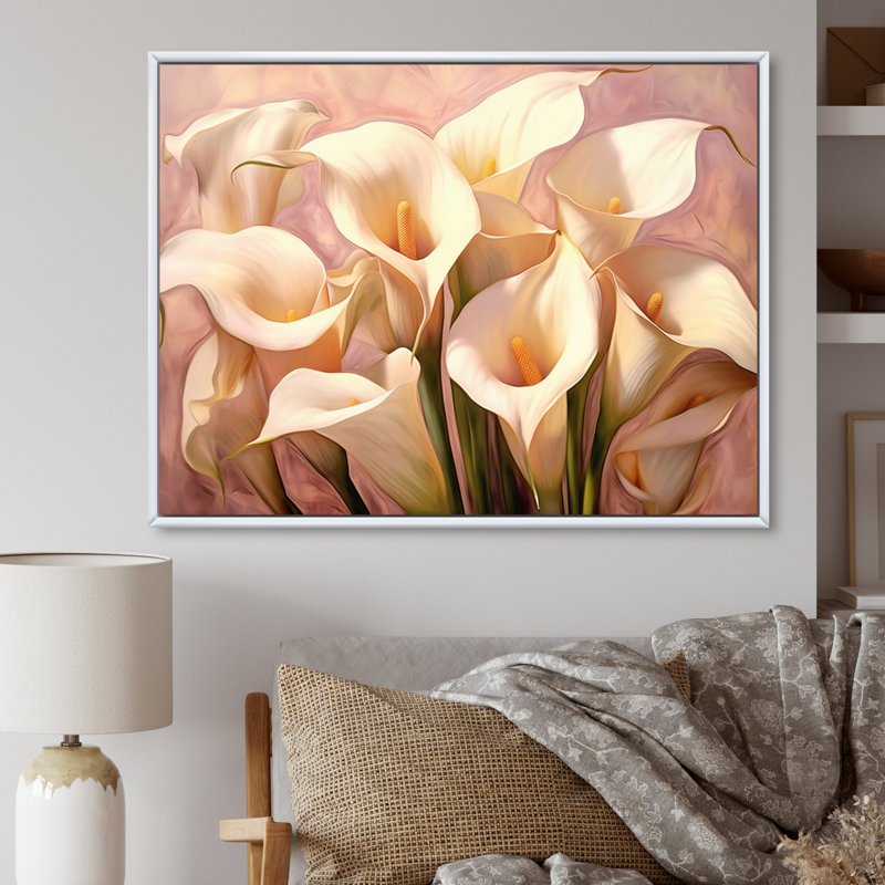 Crème de lis crème rose sur toile, H 34 po x l 44 po x P 1,5 po, Cadre flottant blanc
