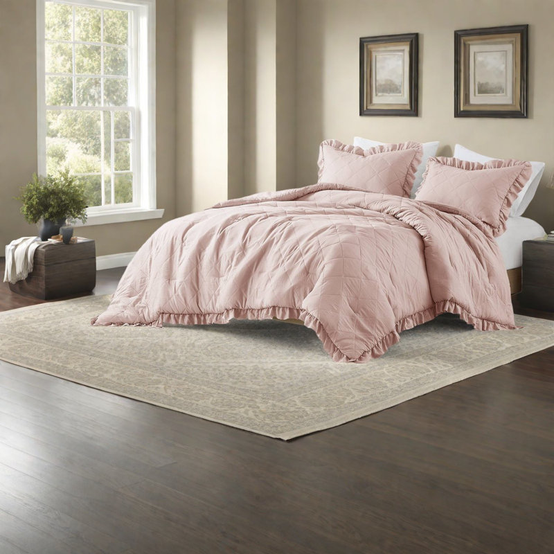 Premium Blush Microfiber Bedding Sets, Diamond Quilted Comforter With Ruffled Edge For Home