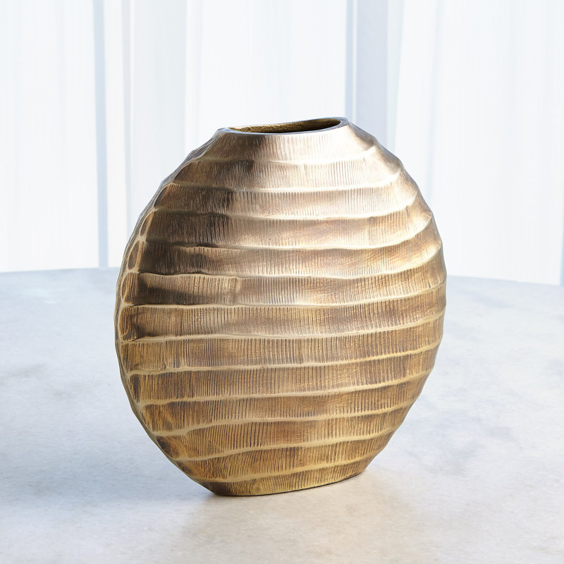 Chased Oval Vase-Antique Brass, 11" H x 11.75" W x 3.25" D