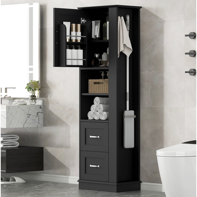 Grande armoire de rangement pour salle de bain, armoire de rangement autoportante avec crochet et tablette réglable, panneau de fibres à densité moyenne, noir, armoire de porte supérieure avec tablette intégrée et deux tiroirs inférieurs