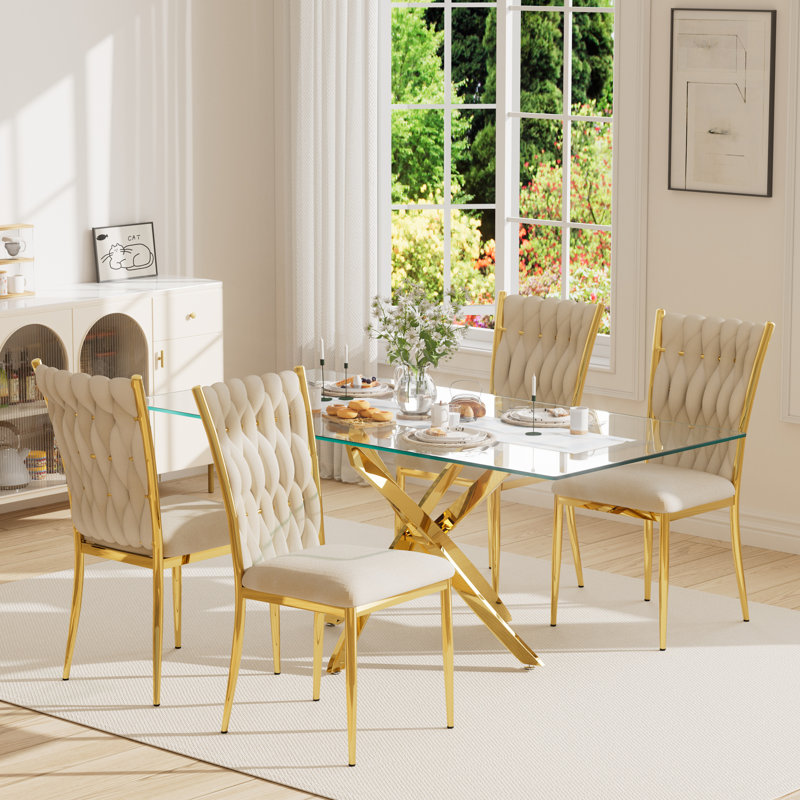63" Rectangular Tempered Glass Table set, Beige/Gold, 5