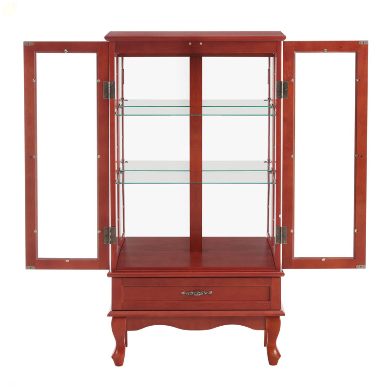 Lighted Glass Cabinet Glass Wine Cabinet Curio Display Cabinet With Adjustable Glass Shelves 2 Doors And 1 Drawer Cabinet Bulb Included