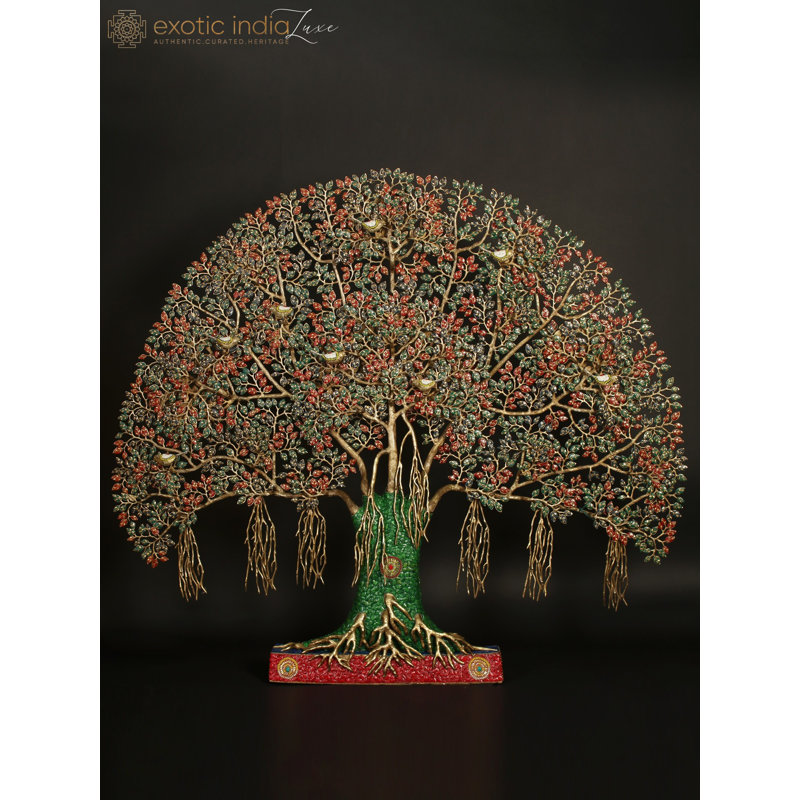 65" Extra Large Tree of Life with Birds Wall Art - Handcrafted Brass with Gemstone Inlay Work - Ultimate Statement Wall Décor