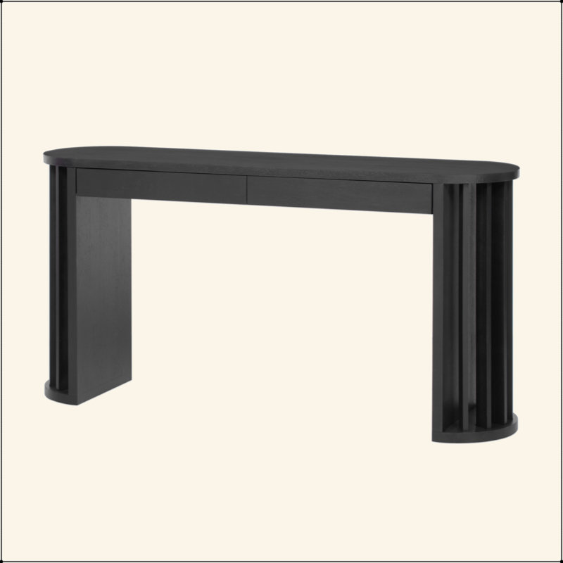 59-Inch Long Console Table,Oak Veneer Sofa Table,Curved And Straight Line Design,Behind The Couch, Farmhouse Entryway Table For Entrance, Hallway, Living Room