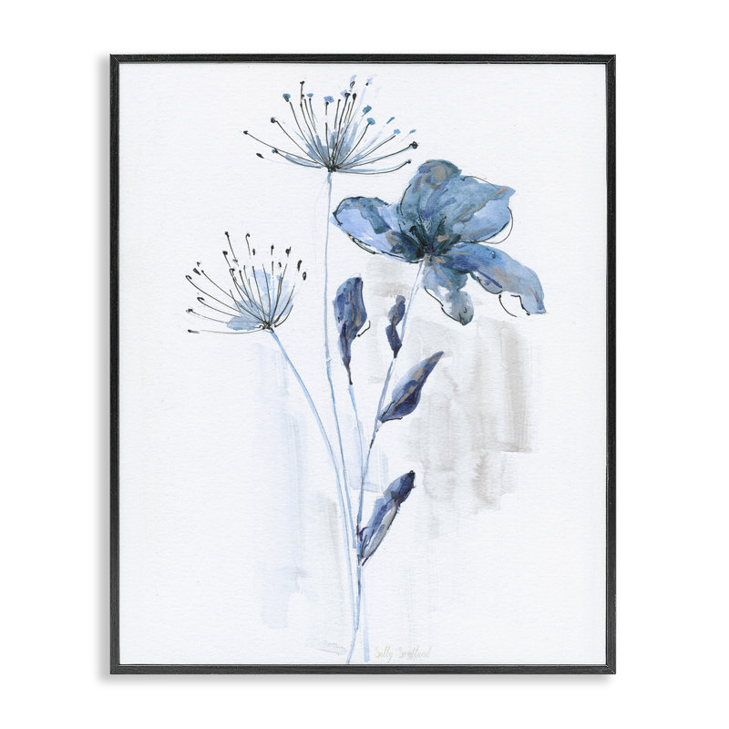 Art de la giclée, branches bleues et herbes bleues, design par Sally Swatland, H 14 po x l 11 po, Giclée encadrée noir minuit