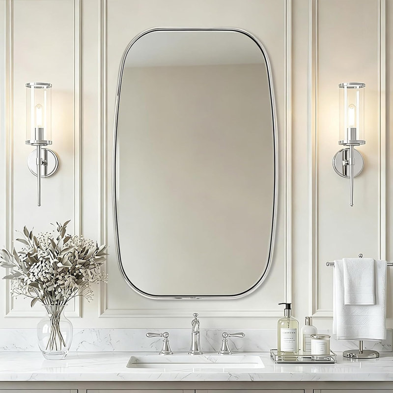 Miroir de salle de bain contemporain | Cadre épais en acier inoxydable, 40 po x 24 po, Chrome poli