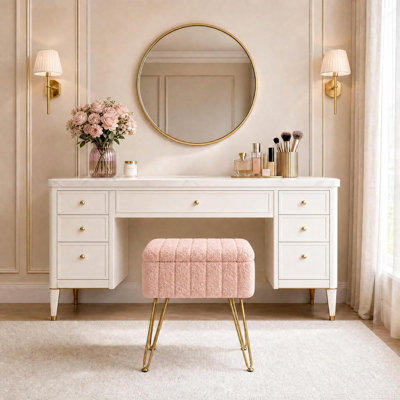 Tabouret de coiffeuse avec rangement caché, repose-pieds en fausse fourrure avec pieds en métal et pieds antidérapants, repose-pieds rembourré