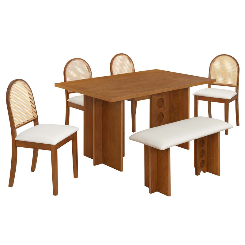 Ensemble de table de salle à manger moderne 6 pièces avec 4 chaises et banc rembourrés, Noyer, Noyer