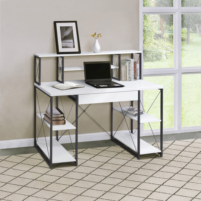 Bureau, bureau avec tablettes ouvertes et huche, Blanc/Noir