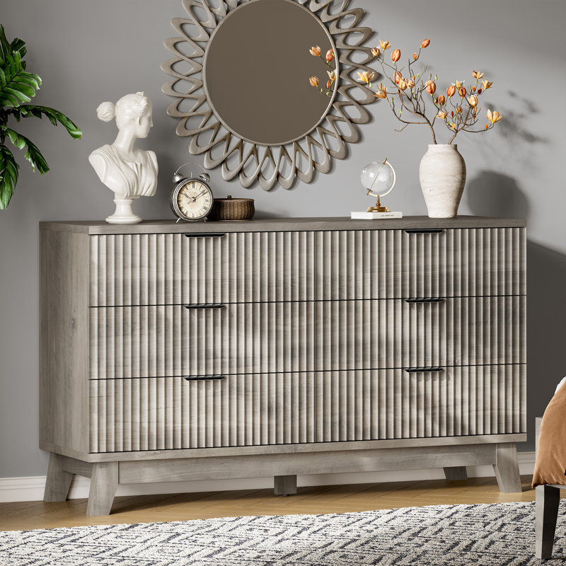 53‘’W Extra Wide Fluted 6-Drawer Dresser, Large Wave Design Storage Cabinet, Wide Chest of Drawers for Bedroom, Living Room, Hallway