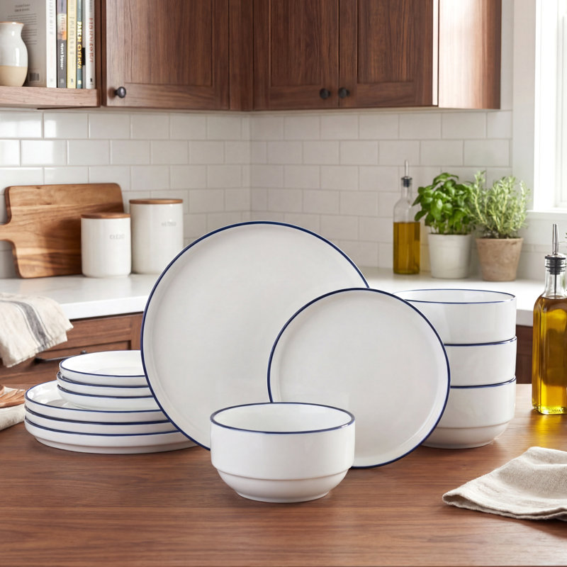 Waterside 12pc Stackable Colour Rim Porcelain Dinner Set, White/Blue