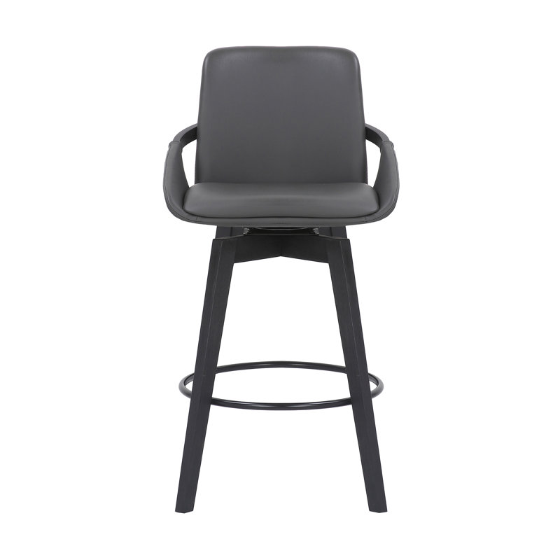 Allyssa Swivel Counter or Bar Height Bar Stool with Arms and Footrest in Faux Leather and Wood, Black, Grey Faux Leather