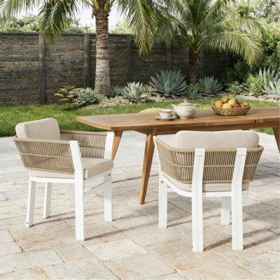 Ensemble de 2 chaises de salle à manger d'extérieur, structure en aluminium blanc avec coussin beige, capacité de 300 lb, sièges toutes saisons pour la cour, la terrasse et le jardin
